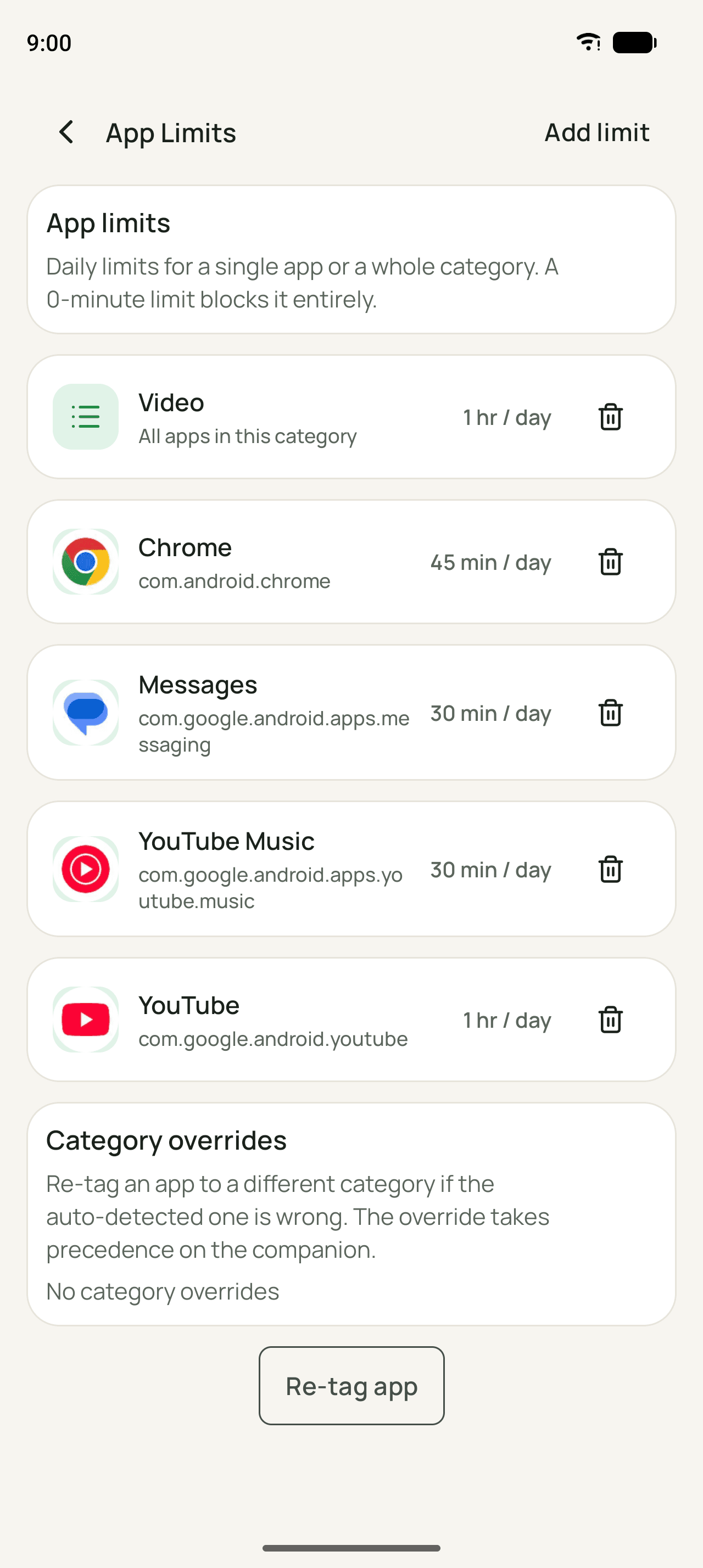 Wardenly parent app app-limits screen with per-app and category limits