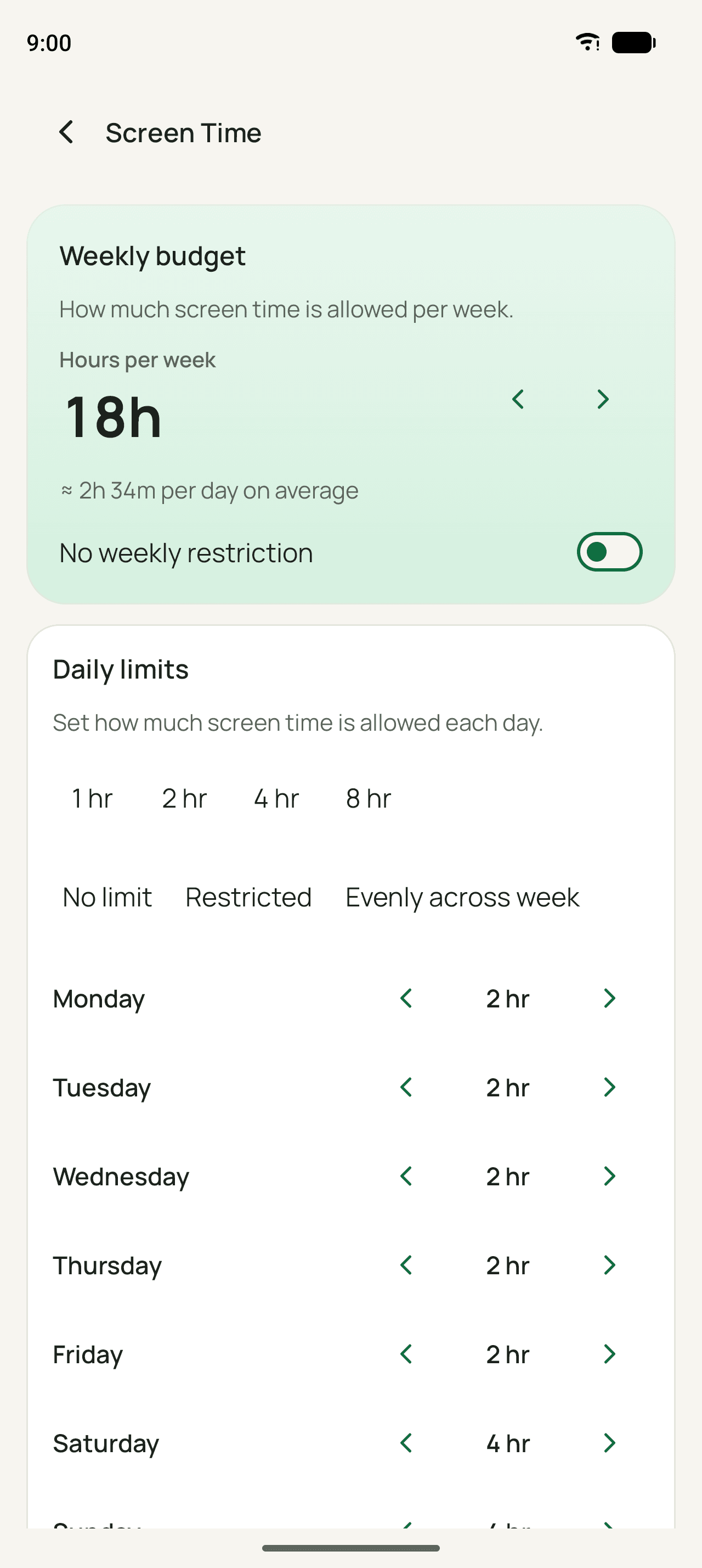 Wardenly parent app screen-time planner showing weekday and weekend budgets