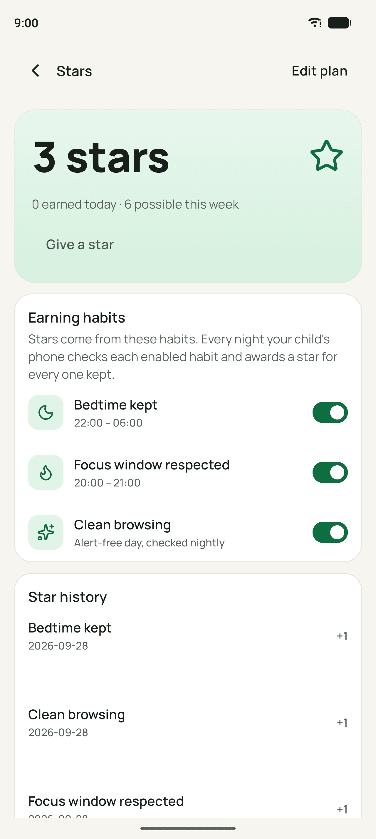 Wardenly parent app stars screen showing earning habits